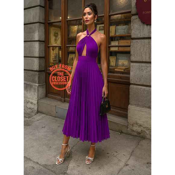 ZARA Purple Halter Pleated Midi Dress NWT Gold Buckle Cutout, Size L, XL - Picture 3 of 16